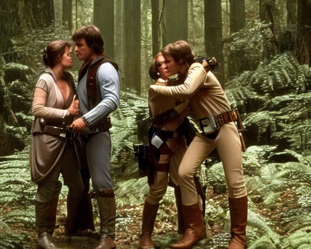 Prompt: luke skywalker, princess leia and han solo hugging and kissing in the forest of endor at the end of return of the jedi, faster, more intense, dolby stereo