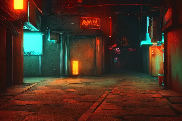 Prompt: ginger cat in the alley, neon lighting, rendered in unreal engine, trending on artstation, cyberpunk