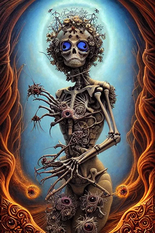 Image similar to A beautiful detailed godness super cute tarot card love and death and robots, by tomasz alen kopera and Justin Gerard, symmetrical features, ominous, magical realism, texture, intricate, ornate, royally decorated, mechanic, skeleton, whirling smoke, embers, red adornements, blue torn fabric, radiant colors, fantasy, trending on artstation, volumetric lighting, micro details, 3d sculpture, ray tracing, 8k, anaglyph effect, digital art