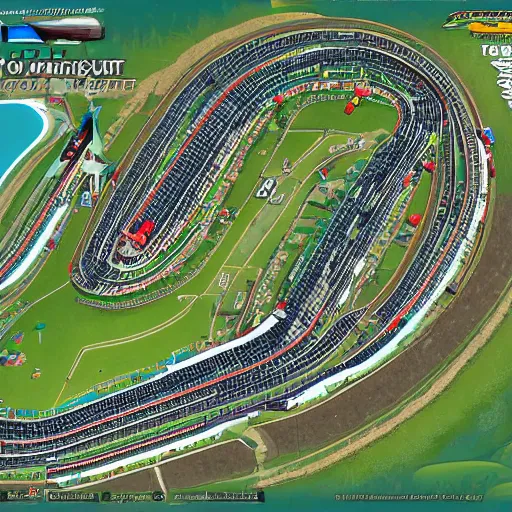 Prompt: top down view of an F1 racetrack map layout. Bowsers Castle viciousness trail map.