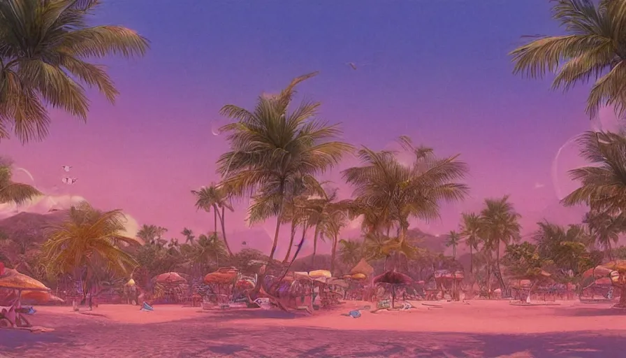 Image similar to beautiful seaside tropical beach village by moebius, very beautiful, volumetric lighting