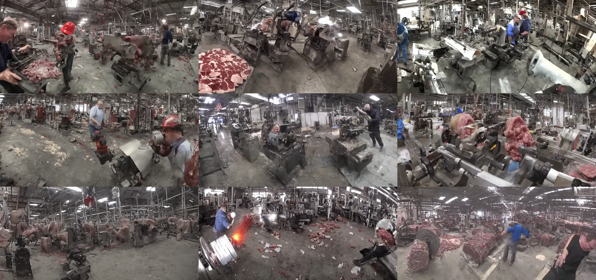 Prompt: gopro footage of trump getting mangled by a lathe machine in a factory, blood and bone, ground meat