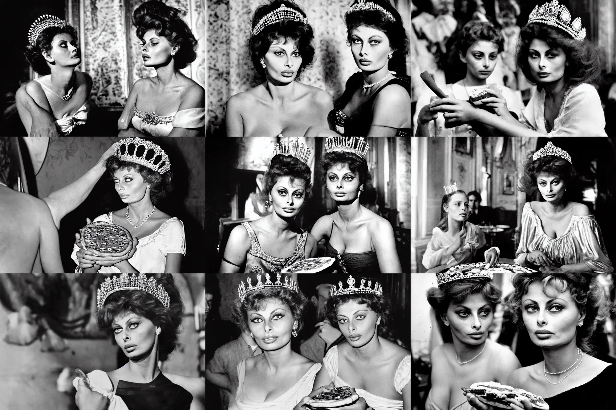 Prompt: sharing a pizza, young sophia loren, young queen margherita of italy wearing her tiara, smooth lighting, exquisit detail, masterpiece, timeless, 1 8 9 0 photo by letizia battaglia