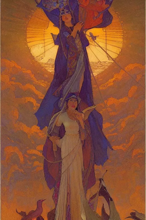 Prompt: queen of the dawn with her lantern and birds, by Nicholas Roerich and Gaston Bussière and jean delville and Annie Swynnerton, elaborate headdress and embroidered velvet, iridescent beetles, rich color, dramatic cinematic lighting, extremely detailed