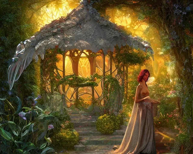 Prompt: a male!!! angel with wings made of leaves stands in front of a small beautiful cottage in a magical garden, a digital painting by thomas canty and thomas kincade and ross tran, art nouveau, atmospheric lighting, trending on artstation