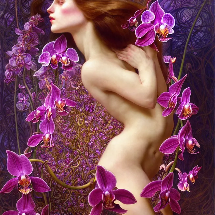 Image similar to psychedelic creature made of orchids, diffuse lighting, fantasy, intricate, elegant, highly detailed, lifelike, photorealistic, digital painting, artstation, illustration, concept art, smooth, sharp focus, art by John Collier and Albert Aublet and Krenz Cushart and Artem Demura and Alphonse Mucha