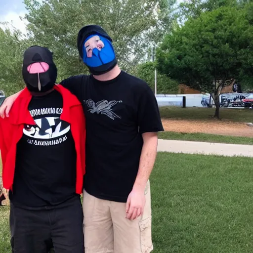 Image similar to ethan van sciver hanging out with a short stocky guy who wears a red ski mask over his face with black ski goggles, cargo shorts and a plain black t - shirt that says cash grab