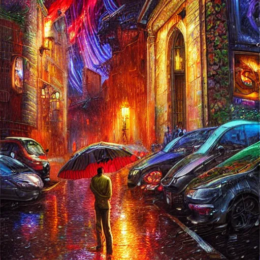 Prompt: John oliver in the rain, artstation, concept art, sharp focus, matte painting, hyper detailed, hyper realistic, art by Josephine wall