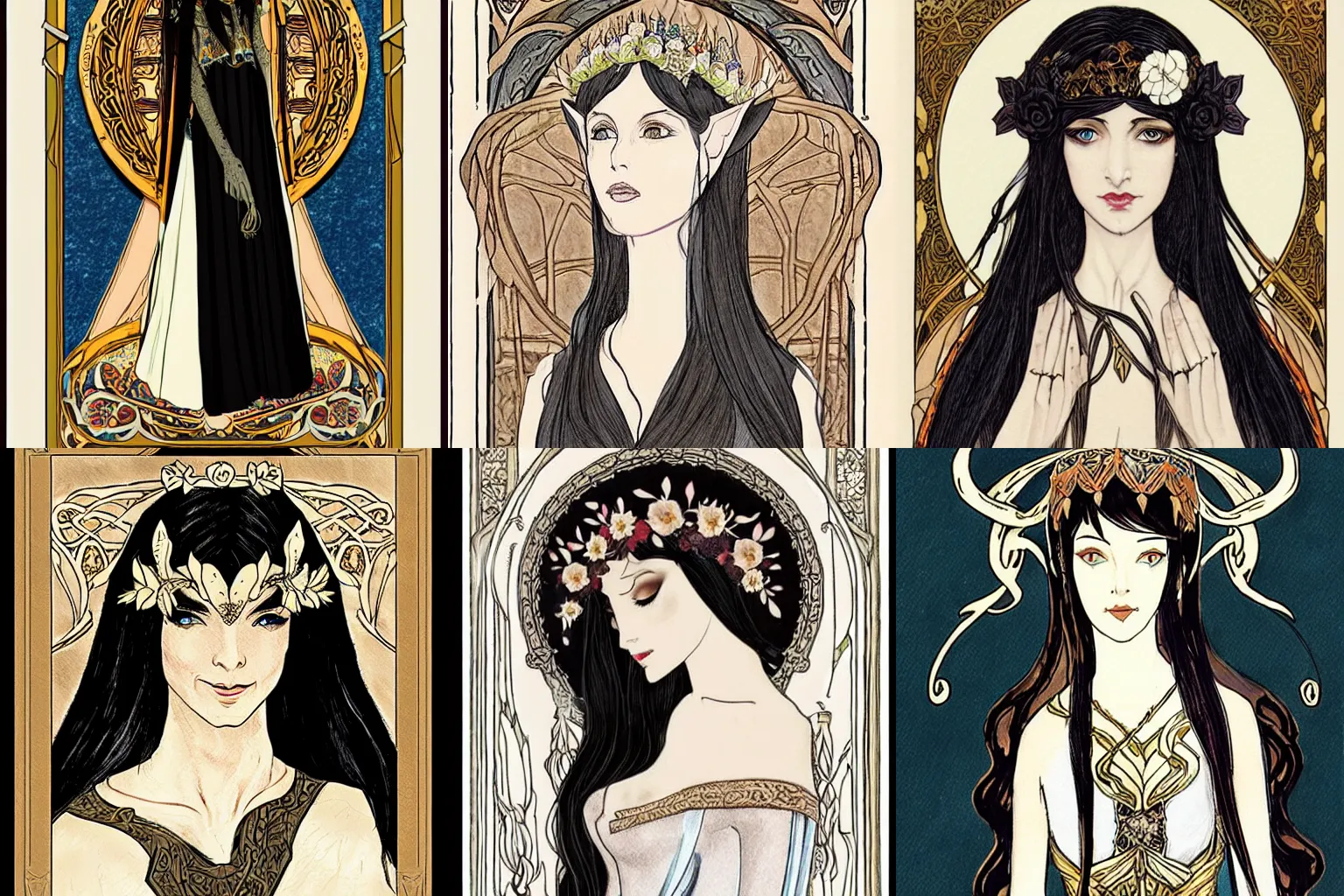Prompt: isilime, female high elf historian, noldor, black haired, ivory gown, flower crown, lithograph, art nouveau