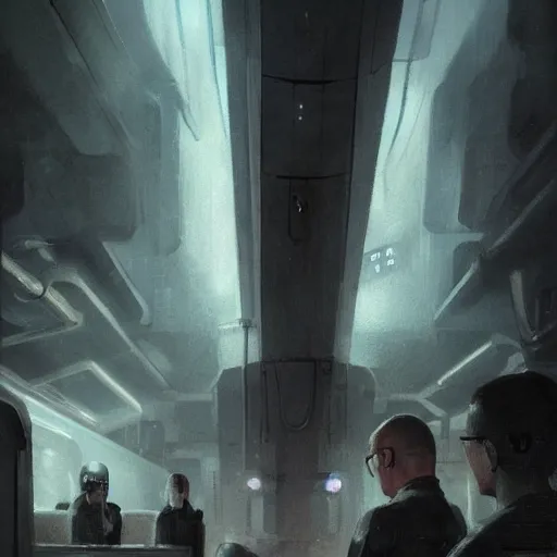 Image similar to concept art by greg rutkowski, a very tall, and slender man with short black hair, sitting with the crew in the ship's flight deck, brutalist futuristic interior, dark lighting atmosphere, detailed portraits, nostalgic atmosphere, scifi, digital painting, artstation, concept art, smooth, sharp foccus ilustration, artstation hq