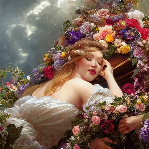 Prompt: an elaborate coffin with a mysterious sleeping beauty holding a large bouquet of flowing flowers, hands hidden under the bouquet, side view, fantasy, regal, intricate, by stanley artgerm lau, greg rutkowski, thomas kindkade, alphonse mucha, loish, norman rockwell