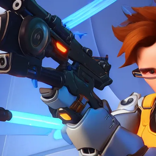 Image similar to a screenshot of arnold schwarzenegger as tracer in overwatch