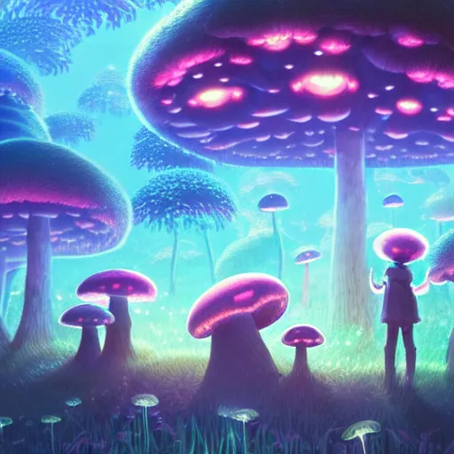 Prompt: A beautiful ultradetailed anime illustration of a group of glowing mushrooms in a dark forest by beeple, studio ghibli, wallpaper, highly detailed, trending on artstation