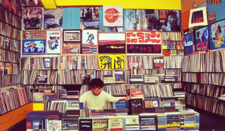 Image similar to A record store designed by Tadanori Yokoo, 35mm film, long shot