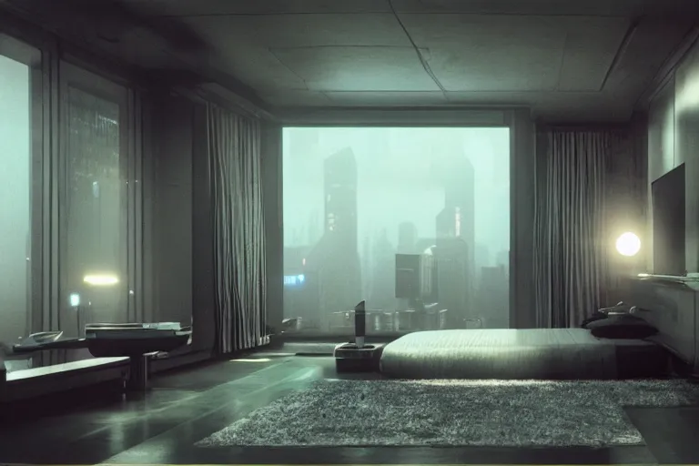 Image similar to a vintage photo of futuristic high tech apartment bedroom interior, by ridley Scott, octane rendering, moody lighting, in the style of blade runner