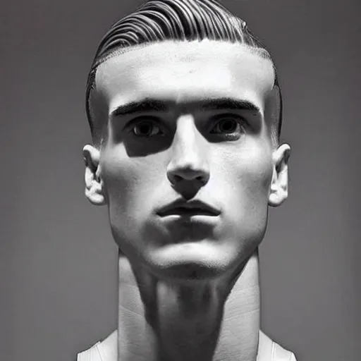 Image similar to “ a realistic detailed photo of a guy who is an attractive humanoid who is half robot and half humanoid, who is a male android, soccer player antoine griezmann, shiny skin, posing like a statue, blank stare, at the museum, on display ”