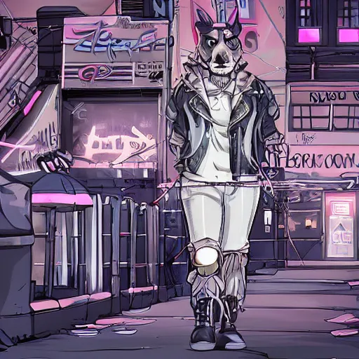 Image similar to beautiful commission digital art portrait commission of an androgynous furry anthro wolf wearing punk clothes in the streets of a cyberpunk city. neon signs. made by zaush, rick griffin, tessgarman, angiewolf, miles df, smileeeeeee, ethrk, fa, furraffinity