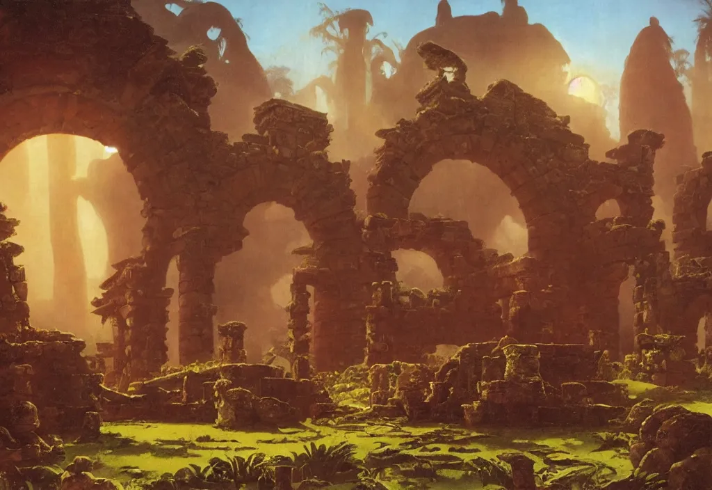 Prompt: a tropical alien world, ancient ruins, by roger dean, good lighting, david a. hardy, syd dutton, albert bierstadt