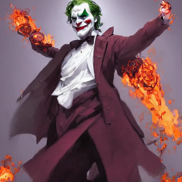 Image similar to joker as a firebender, portrait, elegant, intricate, digital painting, artstation, concept art, smooth, sharp focus, illustration, art by konstantin korovin and daniel f. gerhartz and john howe