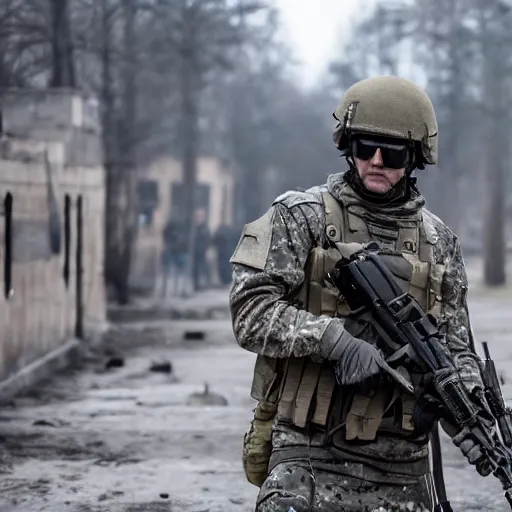 Prompt: Special Forces in grey uniform fighting in Ukraine 2022, photo by Adam Ferguson, Pulitzer Winning, cinematic composition, breathtaking, modern, 2022