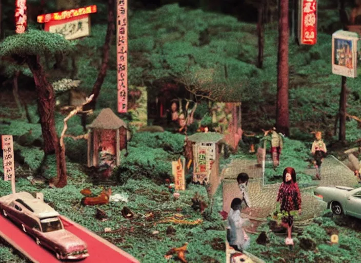 Image similar to Still frame from scene from the retro Twin Peaks japanese miniatures diorama, directed by Nobuhiko Obayashi