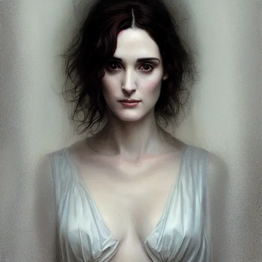 Image similar to beautiful striking Pre-Raphaelite Winona Ryder by Artgerm and Greg Rutkowski, pale, intricate, elegant, highly detailed, digital painting