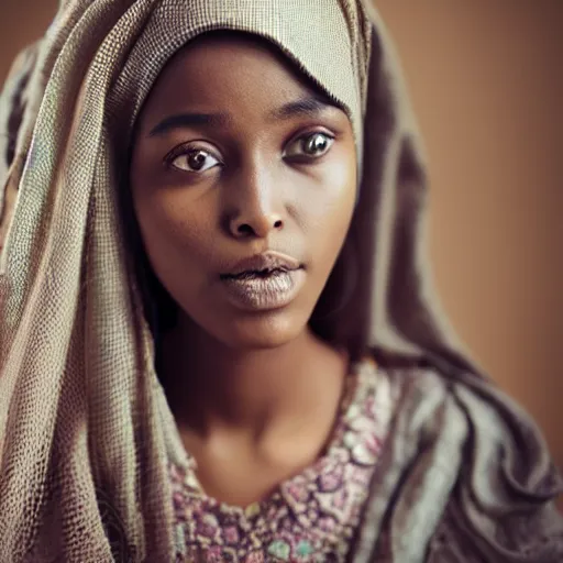 Prompt: studio photography, portrait photo, somalia, vintage, somali woman, beautiful, dreamy, studio ghibli, pastel, highly detailed, happy