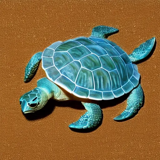 Prompt: a porcelain sculpture of a sea turtle, photorealistic, centered, close up shot, flash photography, beige, white, green, light - blue, dark - blue, waves of water, by bob eggleton, trending on artstation
