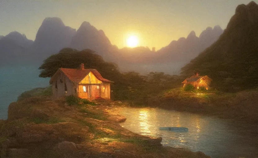 Prompt: small cozy cottage overlooking the ocean, close up shot, at dusk, distant mountains, 4k, rule of thirds, extreme detail, hazy water, intricate ink illustration, trending on artstation, cgsociety, hd, calm, complimentary colours, realistic lighting, by Albert Bierstadt, Frederic Edwin Church.