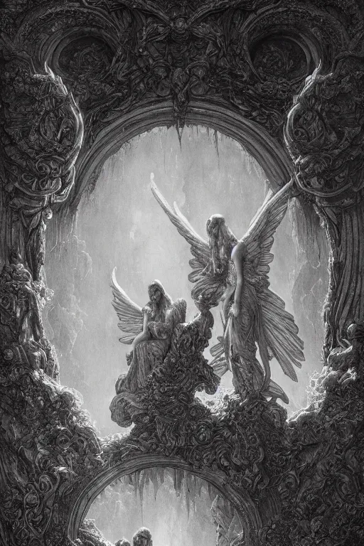 Image similar to two angels guarding the beautifully ornamented gates of hell in the style of gustave dore, epic, masterpiece, photorealistic, gustave dore, soey milk, john martin, peter mohrbacher, james gurney, trending on artstation