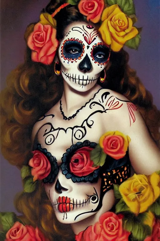 Prompt: illustration of a sugar skull day of the dead girl, art by gil elvgren