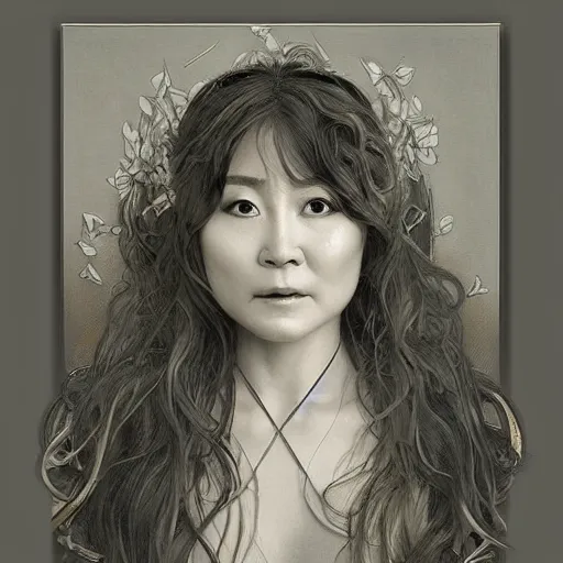 Image similar to beautiful lifelike award winning pencil illustration of the love child of yoko ono and rolly trending on art station artgerm greg rutkowski alphonse mucha museum quality cinematic atmospheric