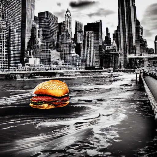 Image similar to giant delicious burger and fries splashes into New York city river, mind-bending digital art, macro photography 25mm, hollywood movie cinematic helicopter view