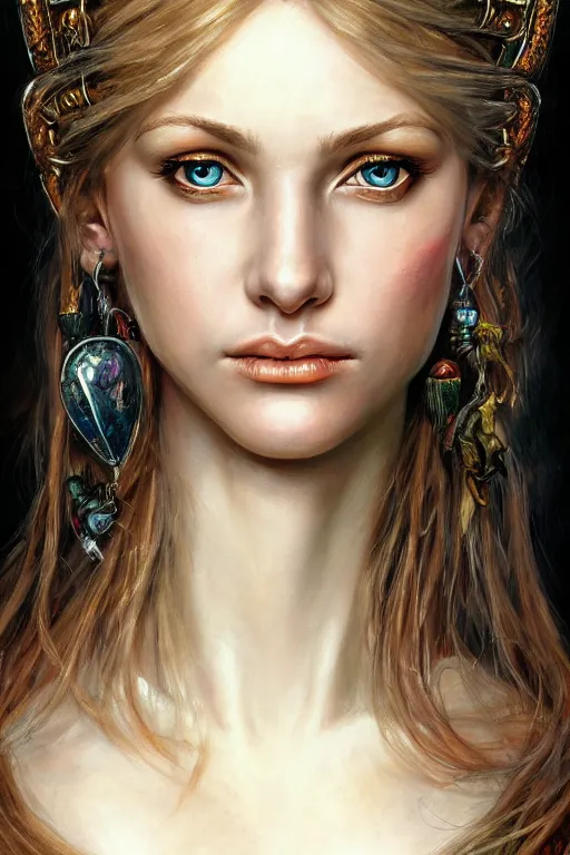 Image similar to high quality extremely detailed closeup portrait of a young attractive female necromancer looking away from the camera, realistic eyes, sparkle in eyes, no hands visible, fantasy, d & d, intricate, painting by lucian freud and mark brooks, hd