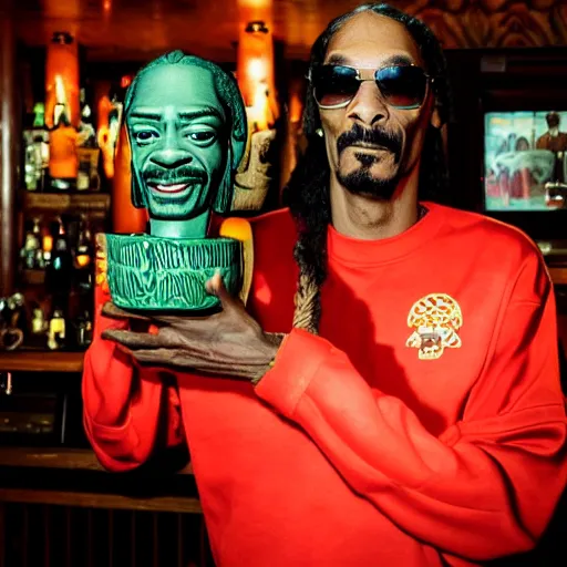 Image similar to snoop dogg at trader vic's bar holding a tiki mug with his face on it