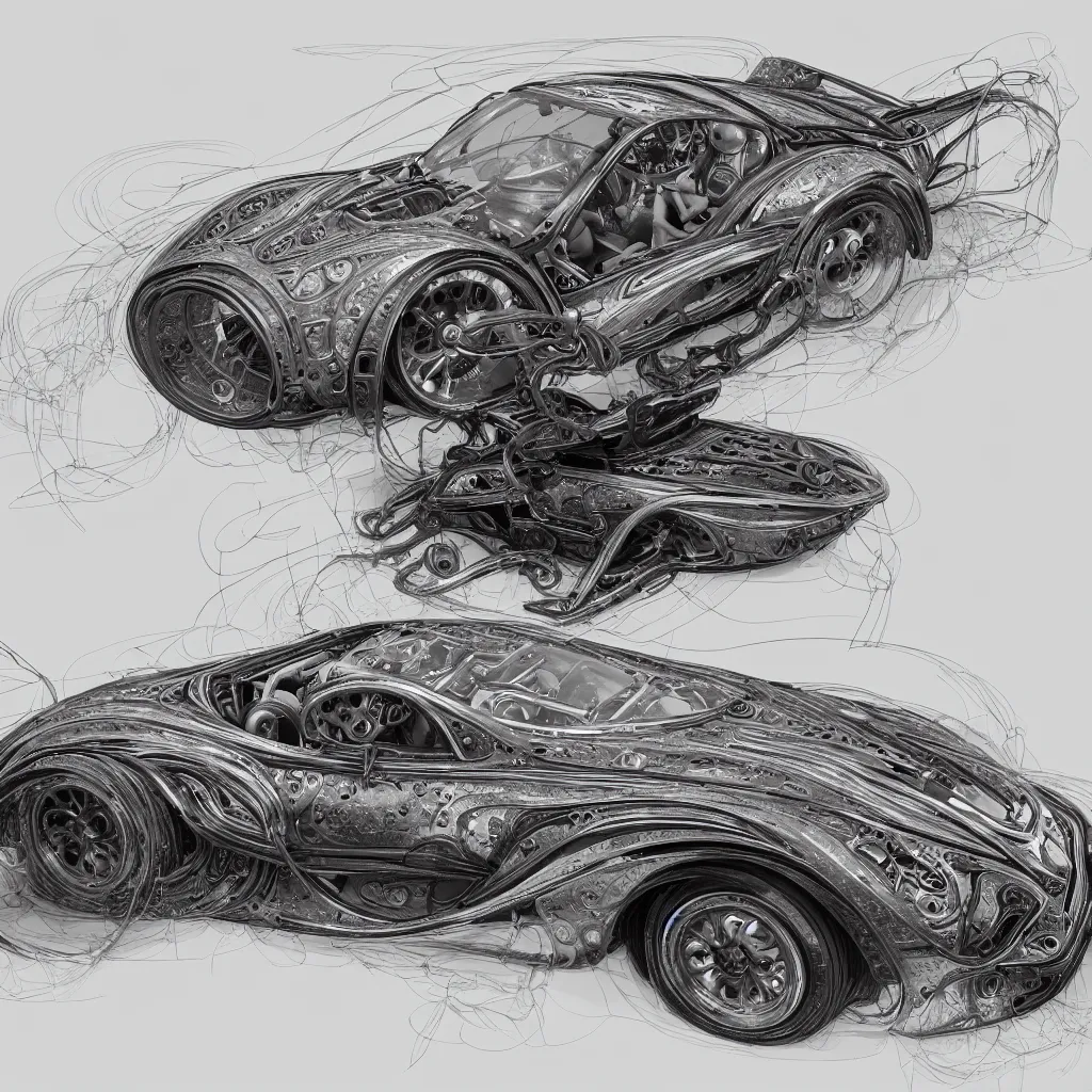 Image similar to open top sports car shaped as time machine in latent space, mechanical wire frame drawing, fantasy, intricate, elegant, highly detailed, digital painting, concept art, smooth, sharp focus, illustration, divine realm of gods, realistic cinematic style, filmed in 70mm, volumetric lighting, octane render, photographic, concept art, artist Leonardo DaVinci, unreal engine 8k