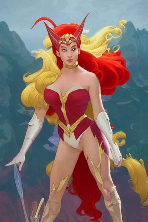 Image similar to Ariel as She-Ra in the Master of Universe, highly detailed, digital painting, artstation, concept art, smooth, sharp focus, illustration, ArtStation, art by artgerm and greg rutkowski and alphonse mucha and J. C. Leyendecker and Edmund Blair Leighton and Katsuhiro Otomo and Geof Darrow and Phil hale and Ashley wood and Ilya repin and Charlie Bowater