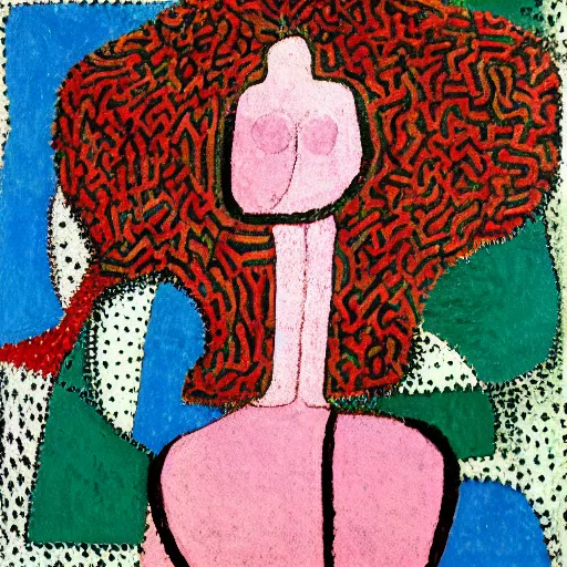 Image similar to Painting. a woman is shown from behind, her body slightly blurred as if in motion. Her long hair cascades down her back, and she is holding a small bird in her hand. bokeh by Jean Dubuffet geometric, placid