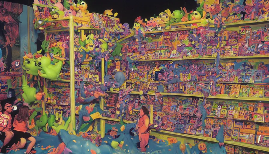 Image similar to 1990s photo of inside the Nickelodeon Blockbuster Gameboy Slime Show ride at Universal Studios in Orlando, Florida, children riding a VHS tape through a Blockbuster video store filled with beanie babies and a big Furby, cinematic, UHD