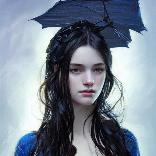 Image similar to portrait of teenage girl with long glossy black hair, blue eyes, glowing skin, fashion model features, fantasy, intricate, elegant, black dress, highly detailed, digital painting, artstation, concept art, smooth, sharp focus, illustration, art by Krenz Cushart and Artem Demura and alphonse mucha