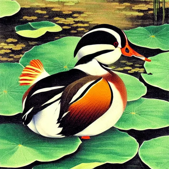 Prompt: a beautiful painting the mandarin duck in the lotus, by zhang daqian painting