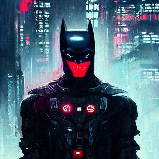 Prompt: cyberpunk batman with fullface mask, red logo, moody, futuristic, city background, brush strokes, oil painting, greg rutkowski