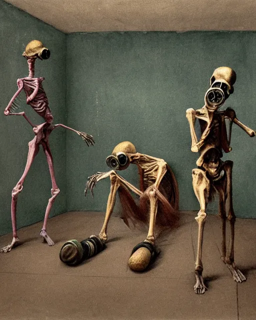 Prompt: three skinny boney figures wearing gas masks draped in silky gold, pink and green, in an abandoned hospital room with garbage on floor, outside the window a storm rages, cinematic lighting, feeling of impending doom, gentle, depth of field, extremely detailed, in the style of Francis Bacon, Esao Andrews, Zdzisław Beksiński, Edward Hopper, surrealism, art by Takato Yamamoto and James Jean