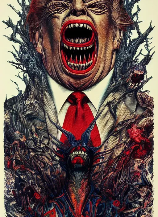 Image similar to donald trump's grotesque true form revealed, horror, high details, intricate details, by vincent di fate, artgerm julie bell beeple, 1 9 8 0 s, inking, vintage 8 0 s print, screen print