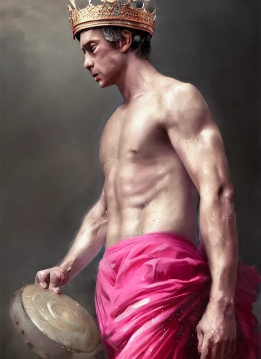 Image similar to vladimir putin as a magnificent beautiful greek god in a crown and pink balerrina skirt by greg rutkowski