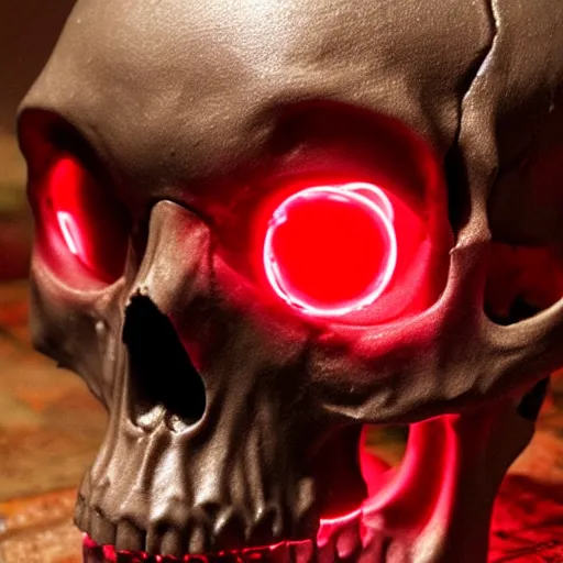 Prompt: humanoid skull, glowing red eyes, on a table, realistic, very detailed