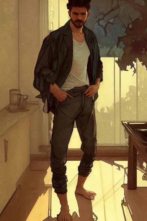 Image similar to full body portrait of a single beautiful young fit man, modern haircut, open shirt, large pants, bare feet, by greg rutkowski and alphonse mucha, d & d character, in front of a modern room background, highly detailed portrait, digital painting, artstation, concept art, smooth, sharp focus ilustration, artstation hq