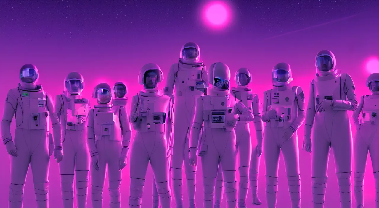 Prompt: hyper detailed bauhaus neon purple propaganda poster of mars workers from the 2050s cinematic lighting 8k wide angle shallow depth of field
