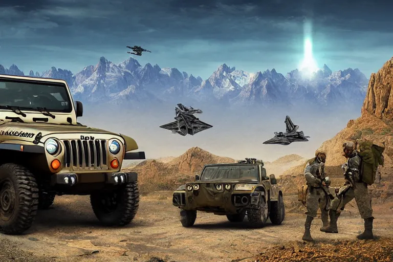 Prompt: a futurisitic well designed military vehicle by jeep and honda and lamborghini and boeing, military design, mountains in the distance, day, blue sky, sprong season, painting by asher brown durand and star wars movie, ultra mega detailed, beautiful realistic photo, professional photography, perfect