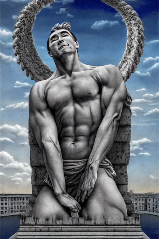 Prompt: hyperrealism billy herrington as a marble statue in ukrainian odessa wallpaper in style of rob gonsalves and giger and araki nobuyoshi